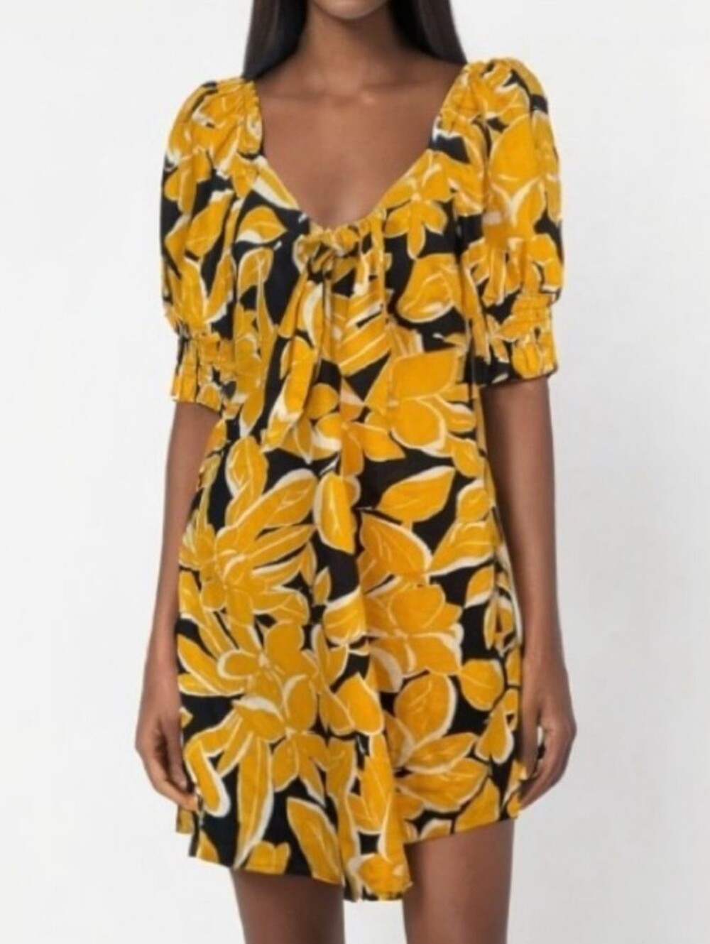 Who What Wear Yellow & Black Floral Tie-Front Puff Sleeve Dress, Size XXL